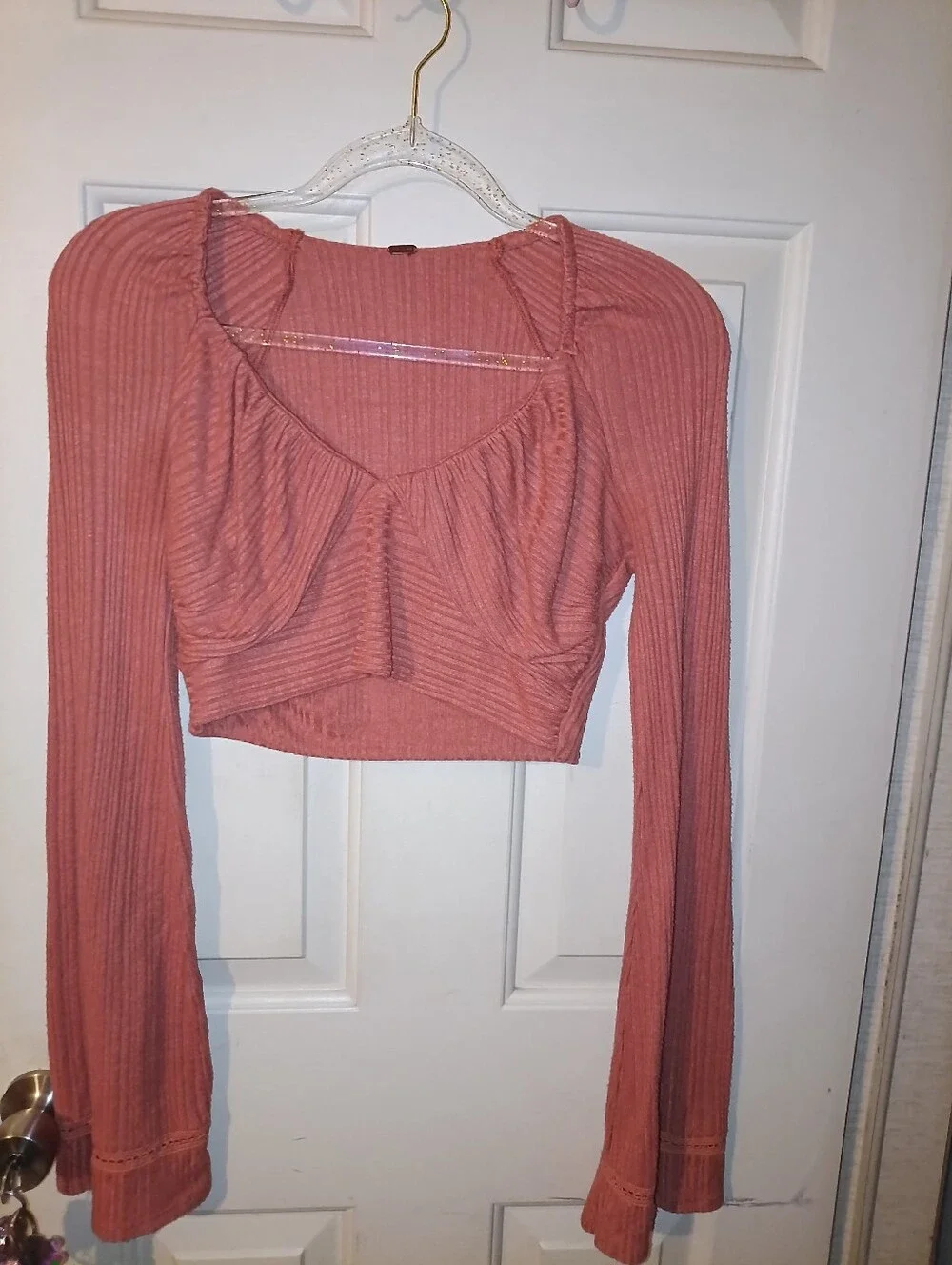 Free People Ribbed Long-Sleeve Crop Top\bell Sleeves\ Rose Rust Small